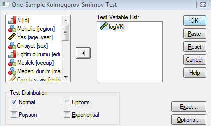 AĢağıdaki çıktıyı elde ederiz: Cinsiyet Male Female One-Sample Kolmogorov-Smirnov Test N Normal Parameters a,b Most Extreme Differences Kolmogorov-Smirnov Z Asymp. Sig.