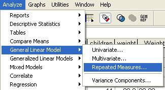 SPSS ile yapacak olursak: Analyze > General Linear Model >Repeated Measures>[ Within-Subject Factor Name kutusuna, birden çok kez ölçülmüş olan bağımlı değişkeni; zaman (ay) ve Number of Levels