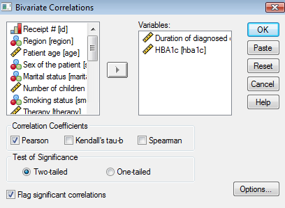 Analyze>Correlate>Bivariate>[ duration ve hba1c değişkenlerini Variables alanına geçirelim.