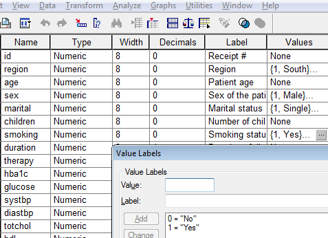 ġimdi SPSS verisetinde Variable View görünümünde smoking değiģkeninin kodlamasını 1=evet, 0=hayır Ģeklinde değiģtirmeliyiz. 3.