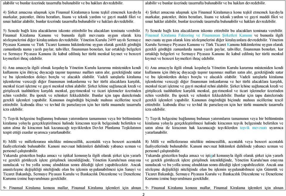 üzerinde tasarrufta bulunabilir ve hakları devredebilir. 5) Senede bağlı kira alacaklarını iskonto ettirebilir bu alacakları teminata verebilir.