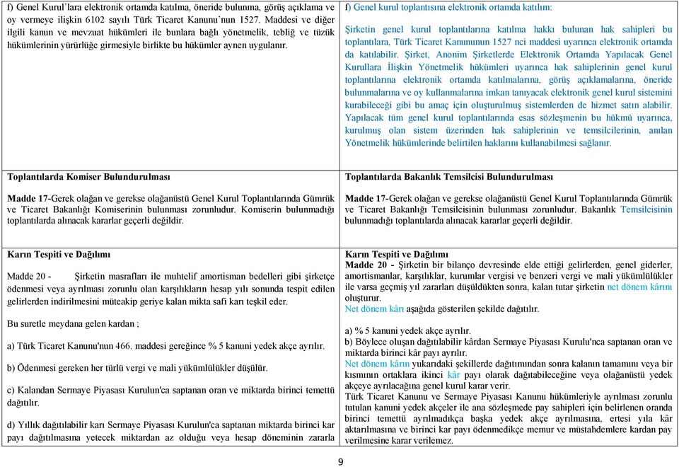 f) Genel kurul toplantısına elektronik ortamda katılım: Şirketin genel kurul toplantılarına katılma hakkı bulunan hak sahipleri bu toplantılara, Türk Ticaret Kanununun 1527 nci maddesi uyarınca