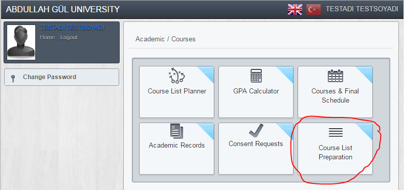 tr sistemindeki ile aynıdır) Resim 1 Giriş ekranındaki Academic / Courses başlığı altında bulunan Course List Preperation butonu