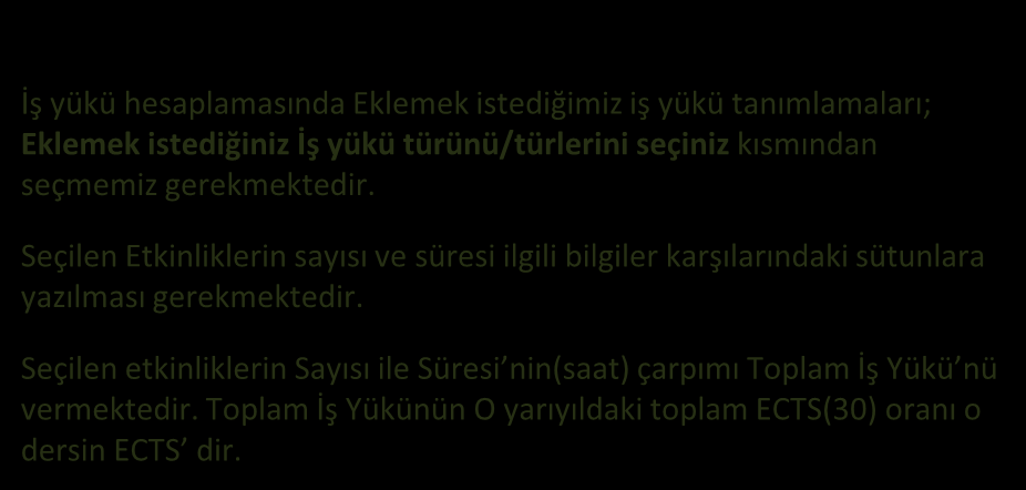 İş yükü hesaplamasında Eklemek istediğimiz iş yükü tanımlamaları; Eklemek istediğiniz İş yükü türünü/türlerini seçiniz kısmından seçmemiz gerekmektedir.