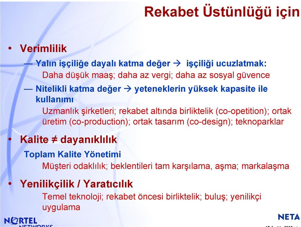 (co-opetition); ortak üretim (co-production); ortak tasarım (co-design); teknoparklar Kalite dayanıklılık Toplam Kalite Yönetimi Müşteri