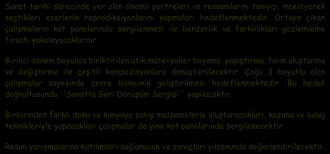 Sanat tarihi sürecinde yer alan önemli portreleri ve ressamlarını tanıyıp, inceleyerek seçtikleri eserlerin reprödiksiyonlarını yapmaları hedeflenmektedir.