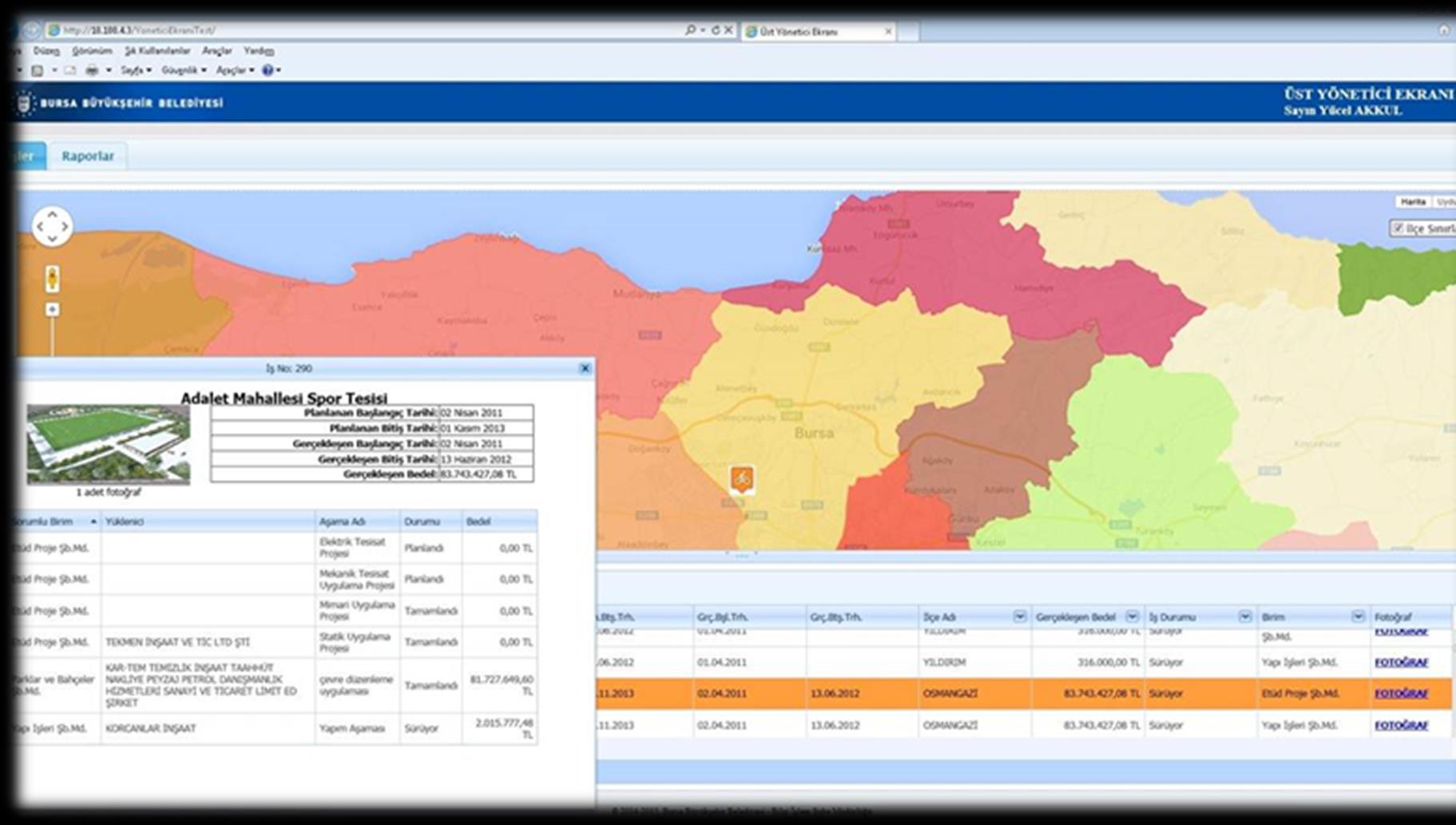 E Belediye Yazılımı Proje Yönetimi Bilgi Sistemi https://e-belediye.bursa.bel.tr/yoneticiekrani/ e Belediye kullanıcı adı ve şifresi ile işlem yapılmaktadır.