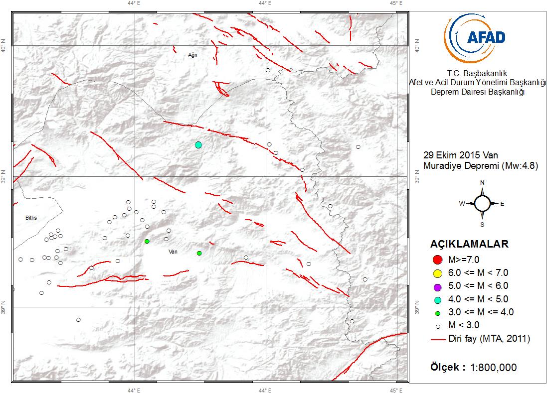 4. 29 EKİM 2015 VAN-MURADİYE DEPREMİ (Mw=4.8) 29 Ekim 2015 günü, saat 12:46 (TS) de Van Muradiye merkezli 39.1198 K 43.7438 D koordinatlarında 4.9 km. derinlikte bir deprem meydana gelmiştir.
