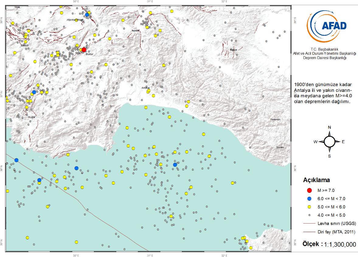 Şekil 2.3 1900'den günümüze kadar Antalya ili ve yakın çevresinde meydana gelen büyüklüğü M 4.0 olan depremlerin dağılımı Meydana gelen depremin odak mekanizması sonucu Tablo 2.