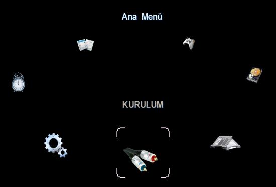 Ana menüde Kurulum, Sistem, Zamanlayıcılar, Ekstralar, Oyunlar, Şartlı Erişim ve PVR başlıklı alt menüler mevcuttur. Alt menülerde / tuşlarını kullanarak yukarı ve aşağı hareket edebilirsiniz.