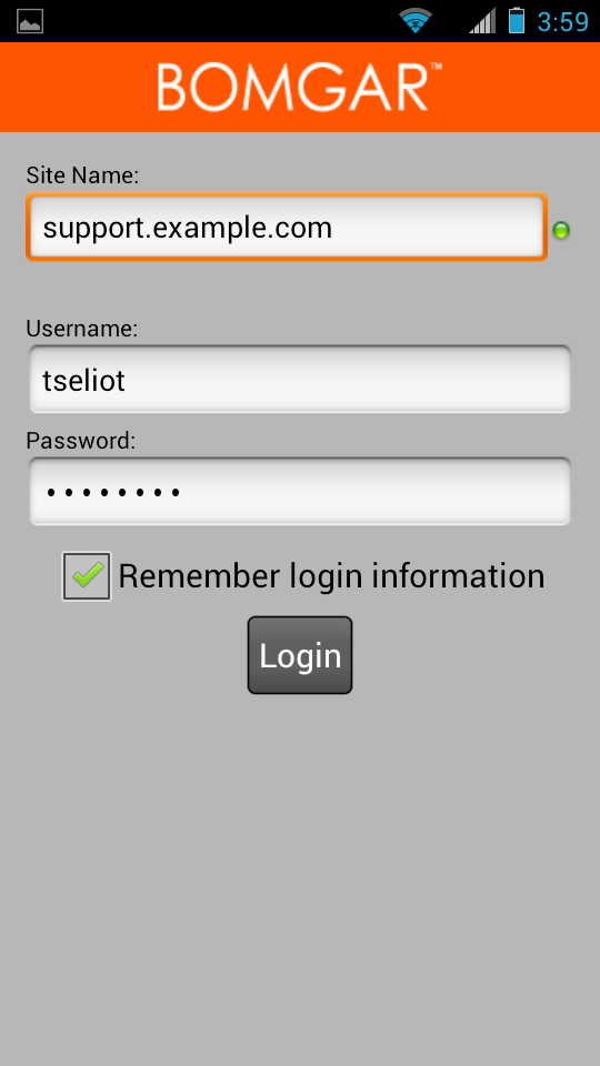Android Destek Teknisyeni Konsolunda Oturum Açma Oturum açma ekranında, Bomgar sitenizin ana bilgisayar adını, support.example.com örneğindeki gibi girin.