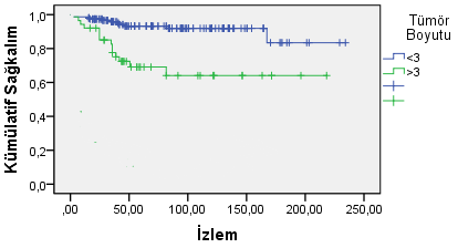 36 Boyutu 3 cm den küçük tümörlerin, 3 cm den büyük olanlara oranla önemli derecede progresyonsuz sağkalım avantajına sahip olduğu saptanmıştır (p<0,001) (Tablo 4.9)