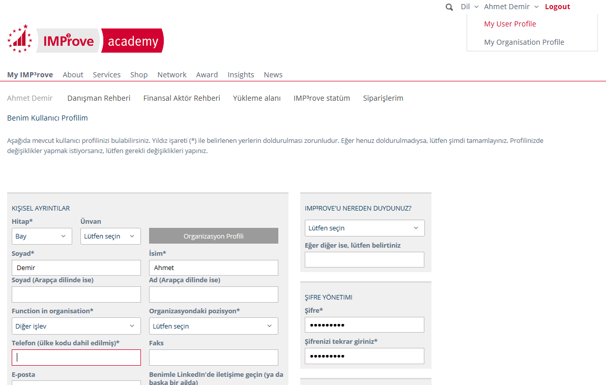 1. adım : Kayıt süreci Giriş yaptıktan sonra My User Profile kısmından kullanıcı bilgilerinizi değiştirebilirsiniz Kullanıcı profilinizde