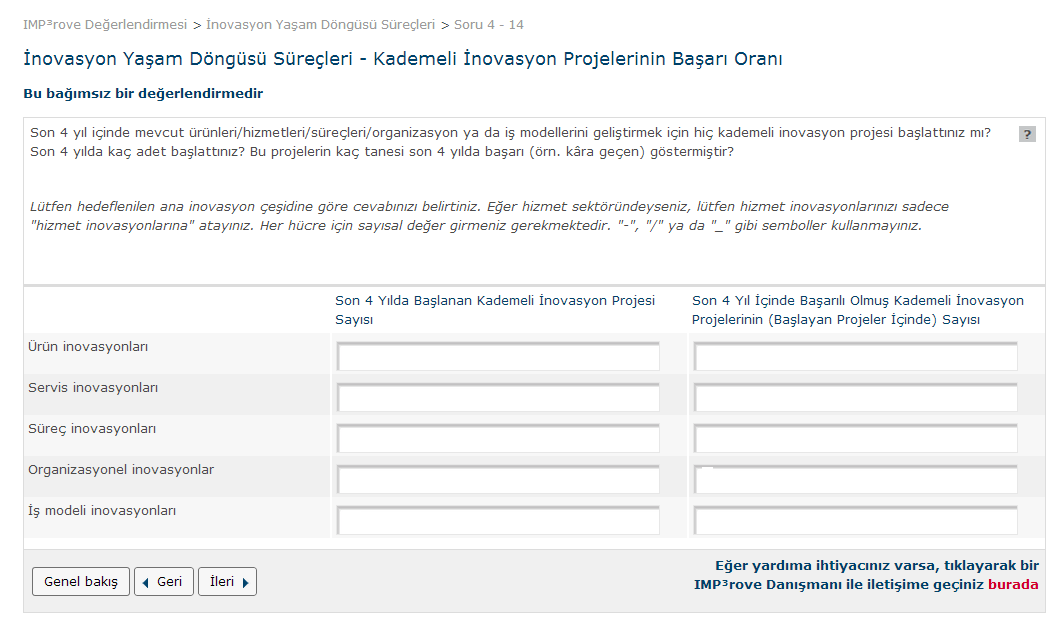 2. adım : Anket İnovasyon dereceleri iki başlıkta incelenmektedir: radikal ve kademeli inovasyonlar Tamamen yeni ürün, servis, süreç, organizasyon veya iş modelleri oluşturmaktadır Mevcut olan ürün,