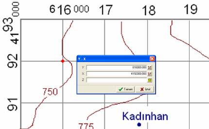 Sol üstteki ilk kesişme noktasının koordinatları belli, fare ile kesişme noktasına tıklayıp klavyeden K tuğuna basıyorum. Koordinat girmemi isteyen bir mini pencere açıldı.