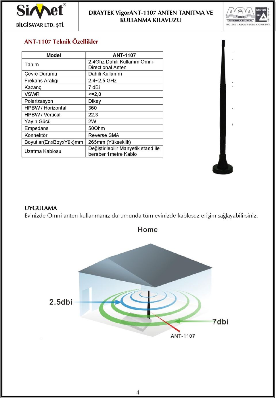 2W Empedans 50Ohm Konnektör Reverse SMA Boyutlar(EnxBoyxYük)mm 265mm (Yükseklik) Uzatma Kablosu Değiştirilebilir Manyetik