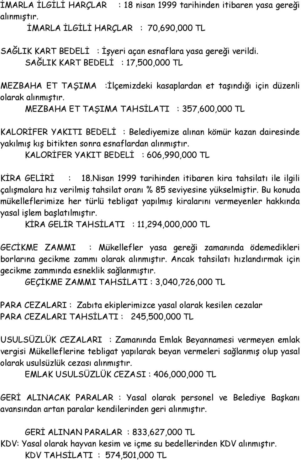 MEZBAHA ET TAŞIMA TAHSİLATI : 357,600,000 TL KALORİFER YAKITI BEDELİ : Belediyemize alınan kömür kazan dairesinde yakılmış kış bitikten sonra esnaflardan alınmıştır.