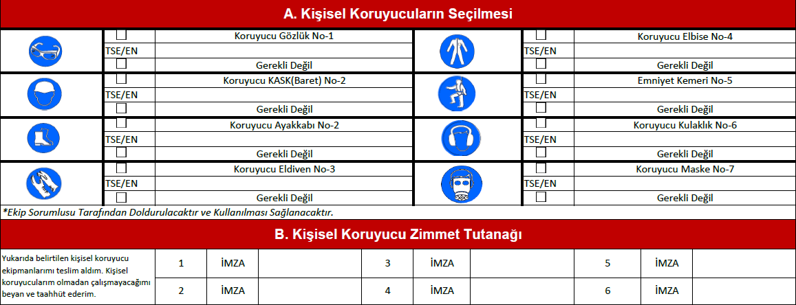 Kişisel Zimmet Tutanağı Düzenlenecek kişisel zimmet tutanağının işe uygun olması ve TSE ve EN