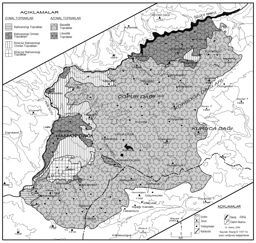 Karakoçan İlçesi nin (Elazığ) Bitki Örtüsü 637 Harita: 2. Karakoçan Ġlçesi nin Toprak Haritası Kaynak: 1997 Elazığ İli arazi varlığından değiştirilerek yeniden oluşturulmuştur.