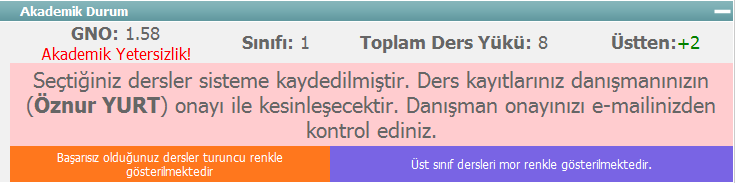 Resim 13 : Danışman onayı için kayıt Bu aşamadan sonra Sistem, danışman tarafından izin verilmediği sürece program değişikliğine izin vermez.