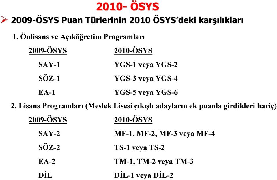 veya YGS-4 YGS-5 veya YGS-6 SYS deki karşı şılıkları 2.