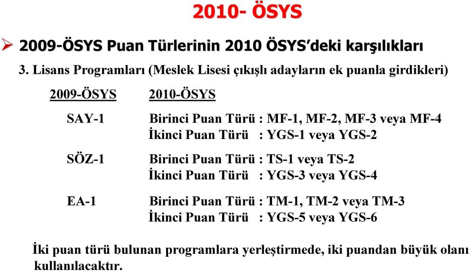 : MF-1, MF-2, MF-3 veya MF-4 İkinci Puan Türü : YGS-1 veya YGS-2 Birinci Puan Türü : TS-1 veya TS-2 İkinci Puan Türü :