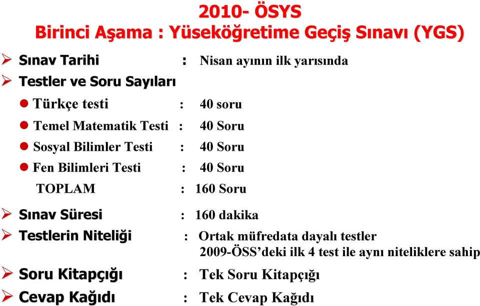 Testi : 40 Soru TOPLAM : 160 Soru Sınav SüresiS Testlerin Niteliği Soru Kitapçığı Cevap Kağı ğıdı : 160 dakika :