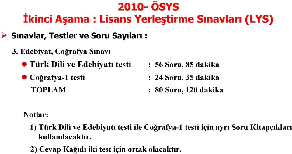 dakika : 24 Soru, 35 dakika : 80 Soru, 120 dakika Notlar: 1) Türk Dili ve Edebiyatı testi ile