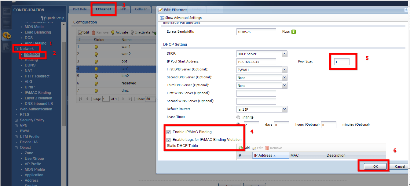 Configuration>>Network>interface>Ethernet>Lan1 (kullanmış olduğumuz subnet) tıklayın. Edit sekmesine tıklayınız. Lan1 subretimiz Pool size bölümünü 1 yapınız.