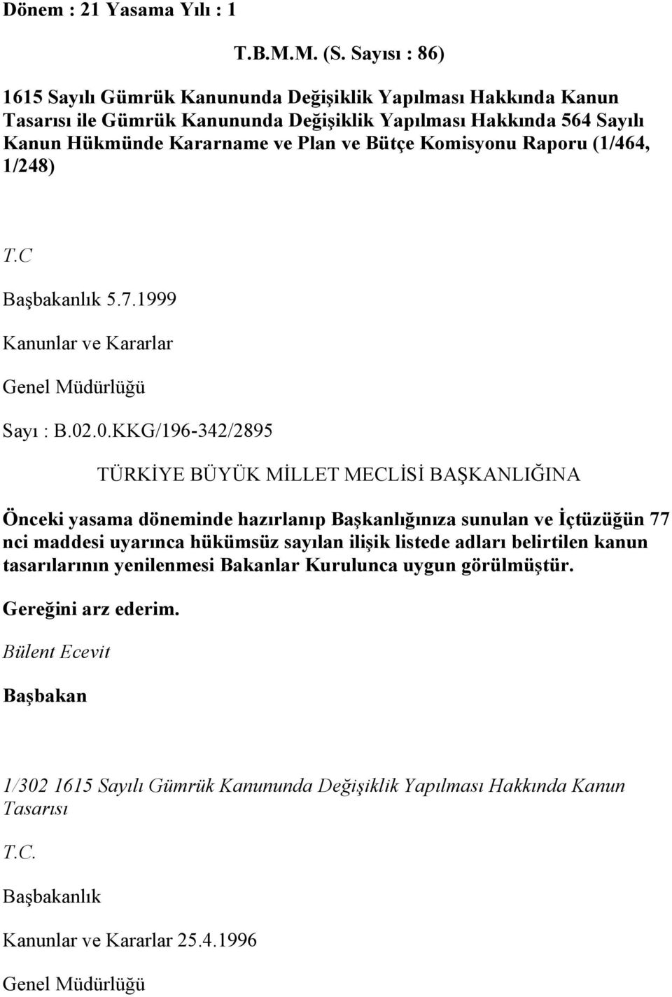 Komisyonu Raporu (1/464, 1/248) T.C Başbakanlık 5.7.1999 Kanunlar ve Kararlar Genel Müdürlüğü Sayı : B.02