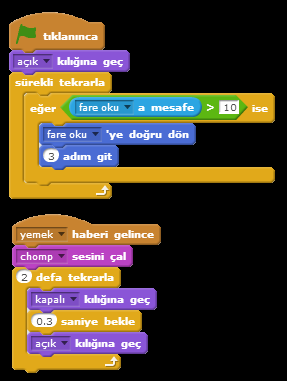 Aç balık Karakterleri İçin Yazılacak Kodlar: Aç balık karakteri ağzının açık olduğu kılığa geçer ve sürekli olarak fare okuna mesafe 10 dan büyükse fare okuna döner ve 3 adım ilerler.