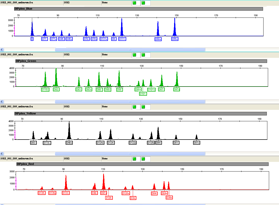 44 4.2. Genotiplerin Belirlenmesi Otozomal 30 INDEL lokusunun 250 kişi üzerinde Genemapper IDX v.1 (Life Technologies) analiz programı kullanılarak genotipi belirlendi.