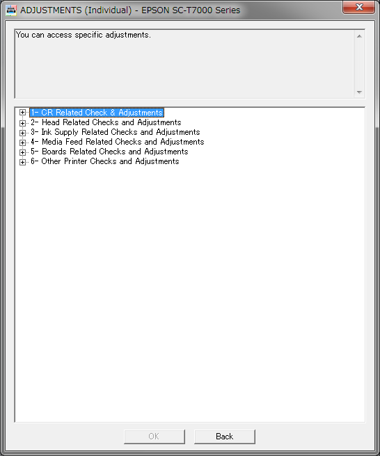 4.3 ADJUSTMENTS (Individual) This mode executes the adjustment required for the repair individually. PROCEDURE 1. Click [ADJUSTMENTS (Individual)] from the main menu. 2.