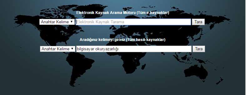 Bu kaynaklara erişmek için kütüphane ana sayfasında bulunan Katalog Tarama alanına aramak istenilen kaynağa ilişkin anahtar kelime