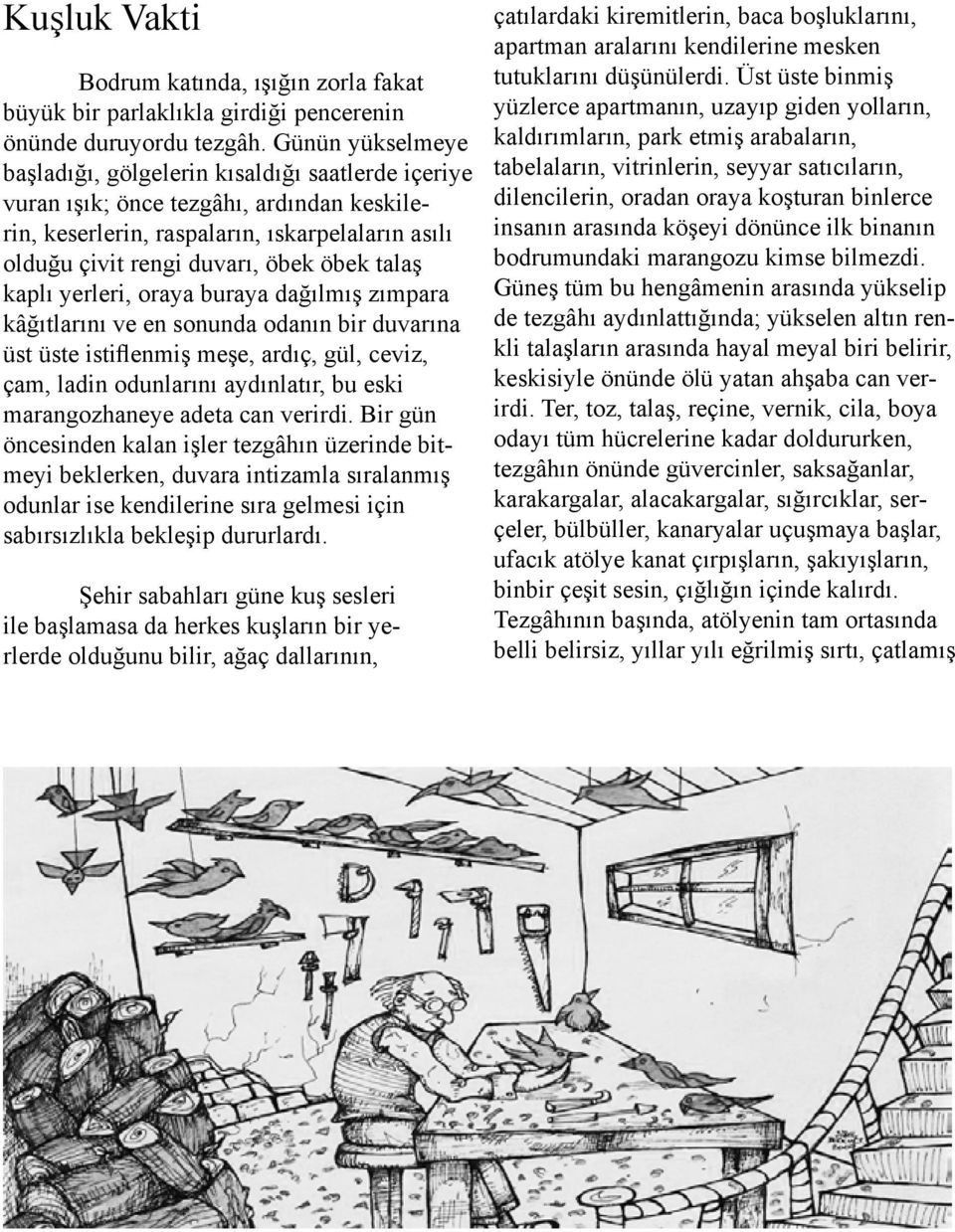 talaş kaplı yerleri, oraya buraya dağılmış zımpara kâğıtlarını ve en sonunda odanın bir duvarına üst üste istiflenmiş meşe, ardıç, gül, ceviz, çam, ladin odunlarını aydınlatır, bu eski marangozhaneye