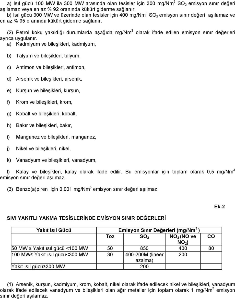 (2) Petrol koku yakıldığı durumlarda aşağıda mg/nm 3 olarak ifade edilen emisyon sınır değerleri ayrıca uygulanır.