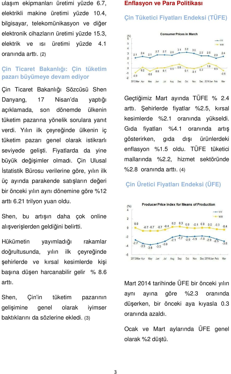 (2) Çin Ticaret Bakanlığı: Çin tüketim pazarı büyümeye devam ediyor Çin Ticaret Bakanlığı Sözcüsü Shen Danyang, 17 Nisan da yaptığı açıklamada, son dönemde ülkenin tüketim pazarına yönelik sorulara