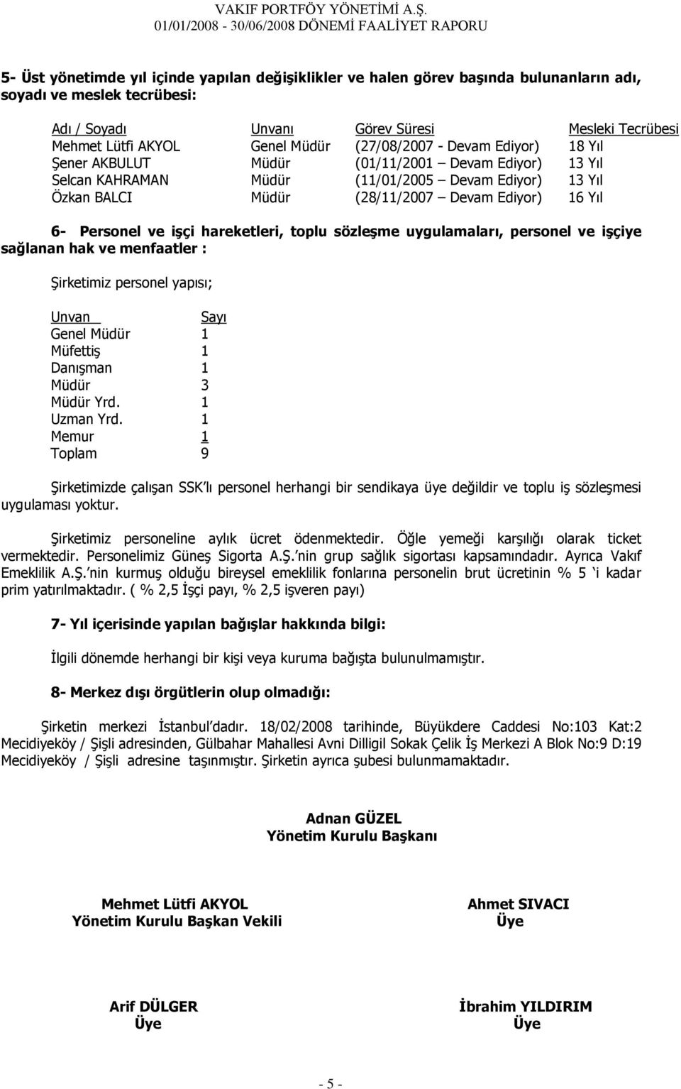 6- Personel ve işçi hareketleri, toplu sözleşme uygulamaları, personel ve işçiye sağlanan hak ve menfaatler : Şirketimiz personel yapısı; Unvan Sayı Genel Müdür 1 Müfettiş 1 Danışman 1 Müdür 3 Müdür