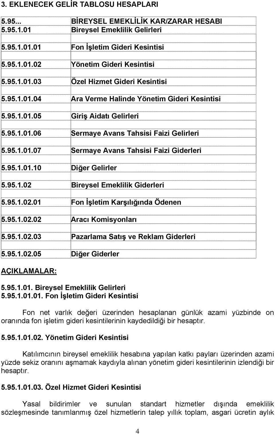 95.1.01.10 Diğer Gelirler 5.95.1.02 Bireysel Emeklilik Giderleri 5.95.1.02.01 Fon İşletim Karşılığında Ödenen 5.95.1.02.02 Aracı Komisyonları 5.95.1.02.03 Pazarlama Satış ve Reklam Giderleri 5.95.1.02.05 Diğer Giderler AÇIKLAMALAR: 5.