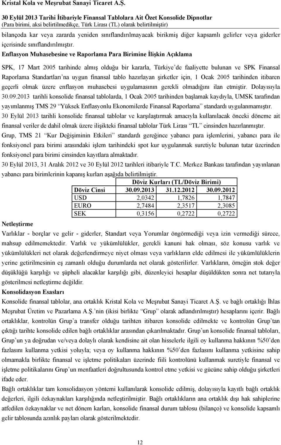 finansal tablo hazırlayan şirketler için, 1 Ocak 2005 tarihinden itibaren geçerli olmak üzere enflasyon muhasebesi uygulamasının gerekli olmadığını ilan etmiştir. Dolayısıyla 30.09.