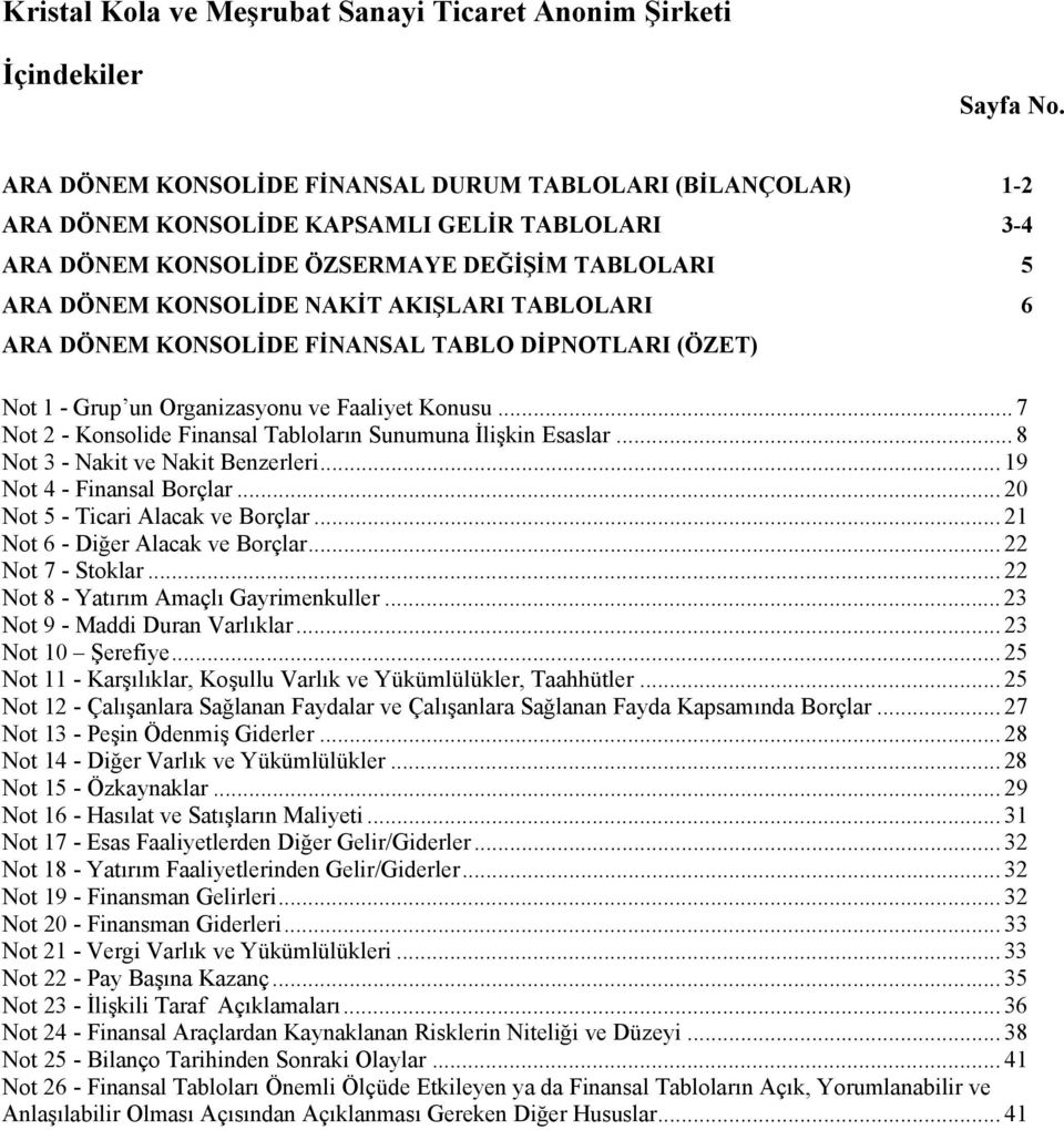 TABLOLARI 6 ARA DÖNEM KONSOLİDE FİNANSAL TABLO DİPNOTLARI (ÖZET) Not 1 - Grup un Organizasyonu ve Faaliyet Konusu... 7 Not 2 - Konsolide Finansal Tabloların Sunumuna İlişkin Esaslar.