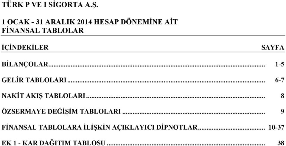 .. 15 GELİR TABLOLARI... 67 NAKİT AKIŞ TABLOLARI.