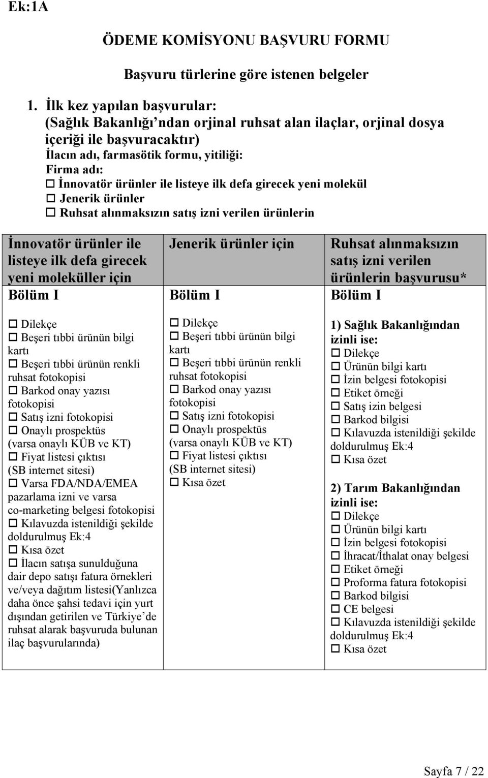 listeye ilk defa girecek yeni molekül Jenerik ürünler Ruhsat alınmaksızın satış izni verilen ürünlerin İnnovatör ürünler ile listeye ilk defa girecek yeni moleküller için Bölüm I Dilekçe Beşeri tıbbi