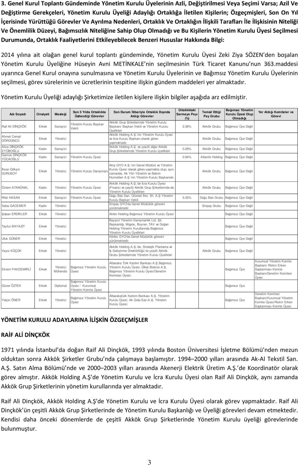 Olmadığı ve Bu Kişilerin Yönetim Kurulu Üyesi Seçilmesi Durumunda, Ortaklık Faaliyetlerini Etkileyebilecek Benzeri Hususlar Hakkında Bilgi: 2014 yılına ait olağan genel kurul toplantı gündeminde,