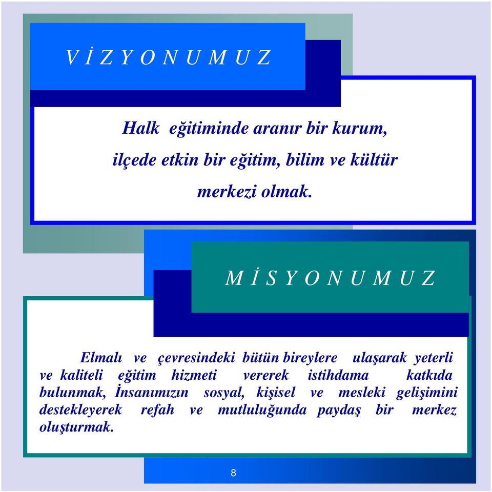 M İ S Y O N U M U Z Elmalı ve çevresindeki bütün bireylere ulaşarak yeterli ve kaliteli