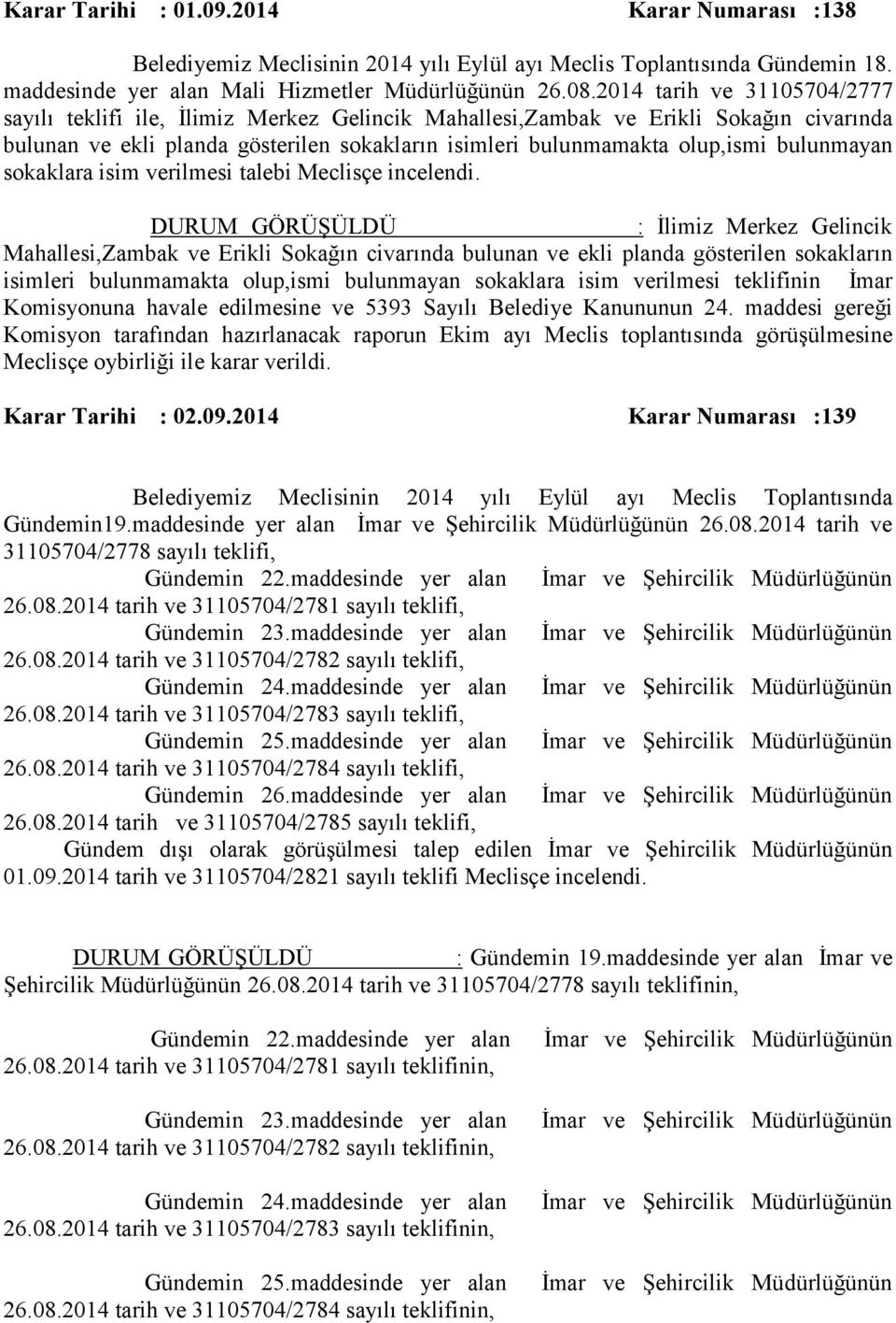 bulunmayan sokaklara isim verilmesi talebi Meclisçe incelendi.