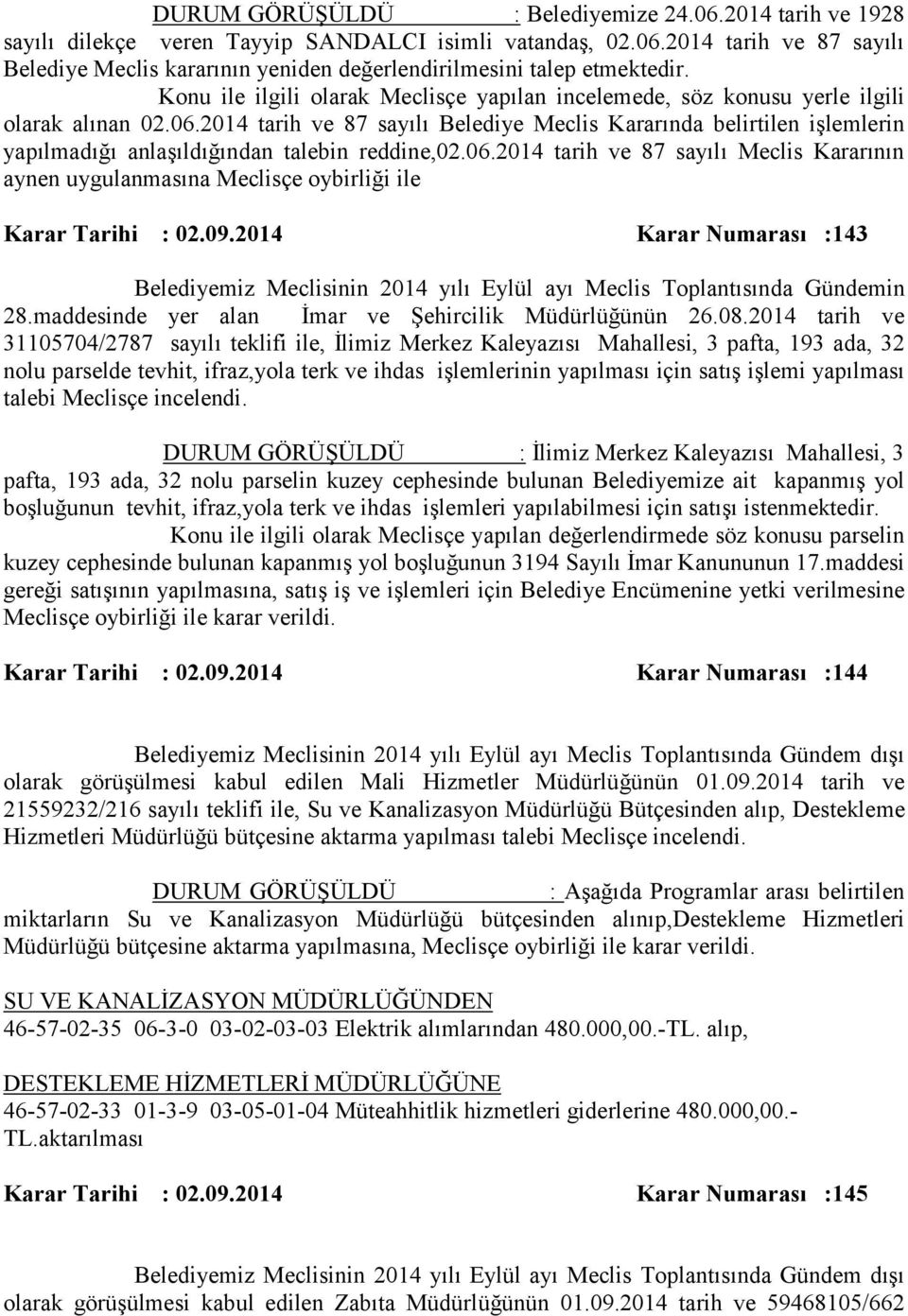 2014 tarih ve 87 sayılı Belediye Meclis Kararında belirtilen işlemlerin yapılmadığı anlaşıldığından talebin reddine,02.06.