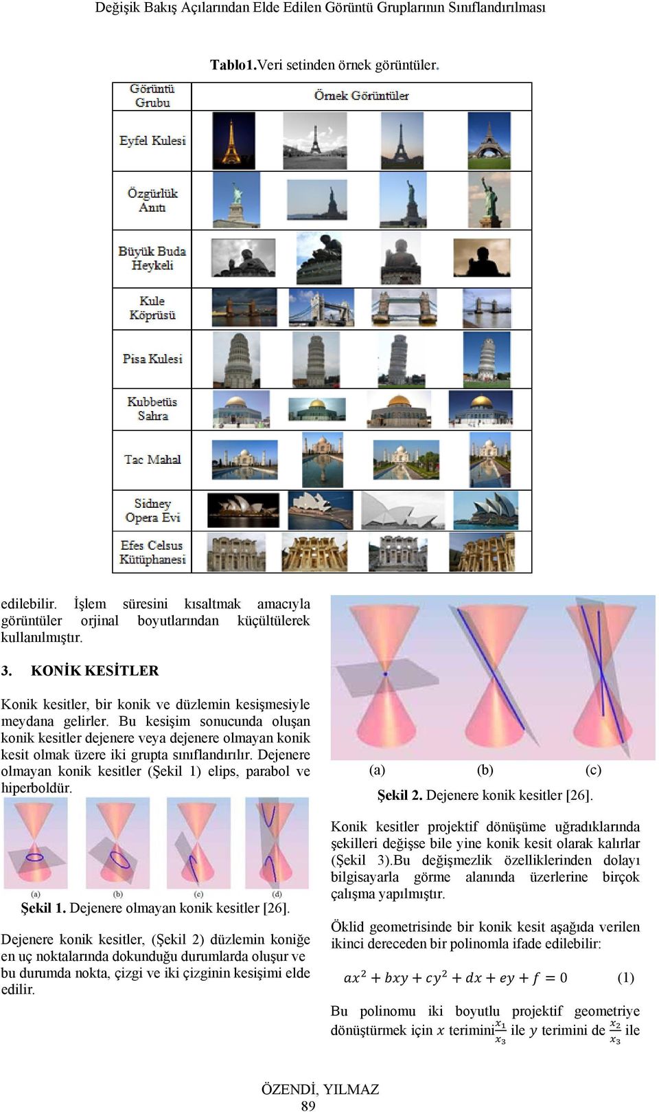 Bu kesişim sonucunda oluşan konik kesitler dejenere veya dejenere olmayan konik kesit olmak üzere iki grupta sınıflandırılır. Dejenere olmayan konik kesitler (Şekil 1) elips, parabol ve hiperboldür.