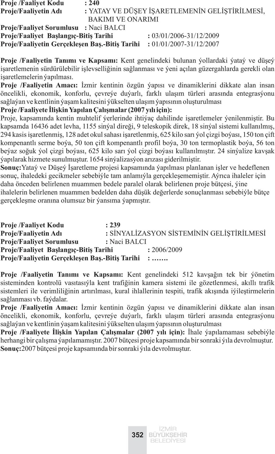 -Bitiþ Tarihi : 01/01/2007-31/12/2007 Proje /Faaliyetin Tanýmý ve Kapsamý: Kent genelindeki bulunan yollardaki yatay ve düþey iþaretlemenin sürdürülebilir iþlevselliðinin saðlanmasý ve yeni açýlan