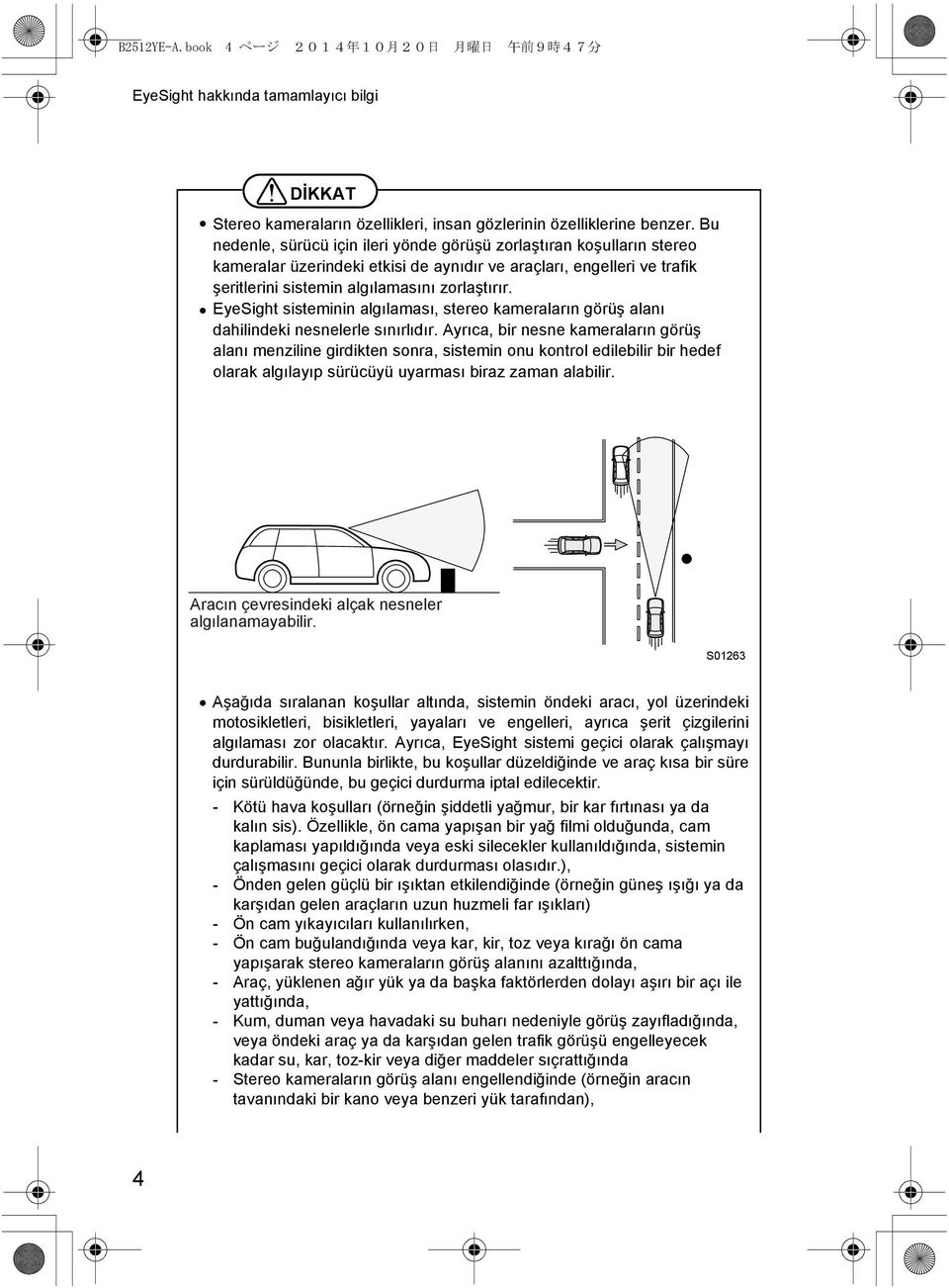 EyeSight sisteminin algılaması, stereo kameraların görüş alanı dahilindeki nesnelerle sınırlıdır.